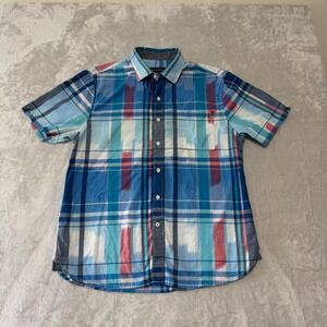 Tommy Bahama Men's Cotton Short Sleeve Button Up Shirt M Plaid Blue White Casual